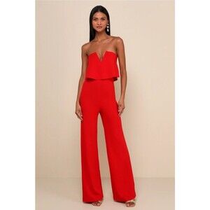 NWT Lulu's Strapless Red Wide-Leg Jumpsuit